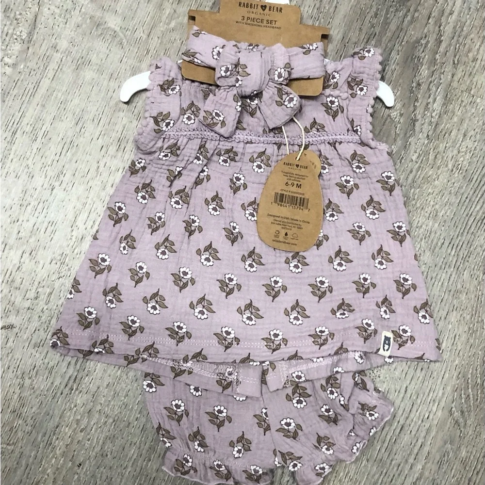 Rabbit & Bear Mauve Floral Dress with Coordinating Bloomers & Headband